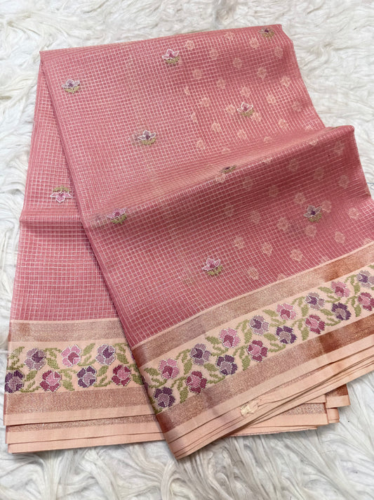 Rose gold shade kora organza  embroidery Banarasi saree