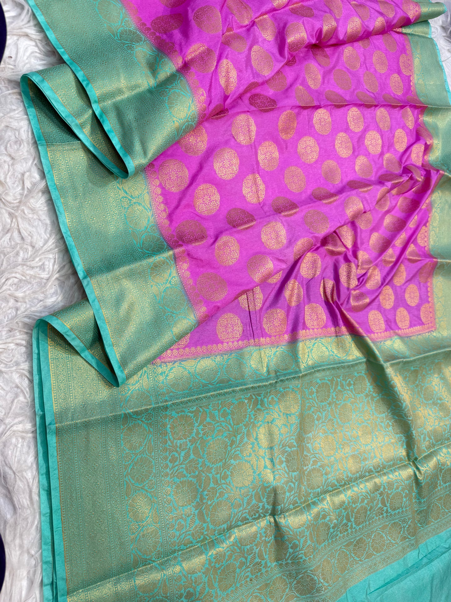 Royal pink & sea green shade Dupion Silk Banarasi Saree 