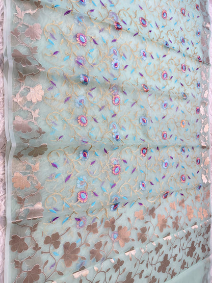 Turquoise kora organza  embroidery Banarasi saree
