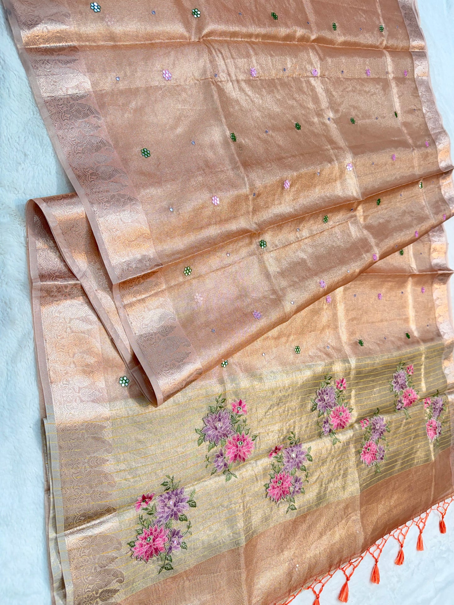 Peach shade kota tissue kota designer embroidery handwork premium Banarasi saree