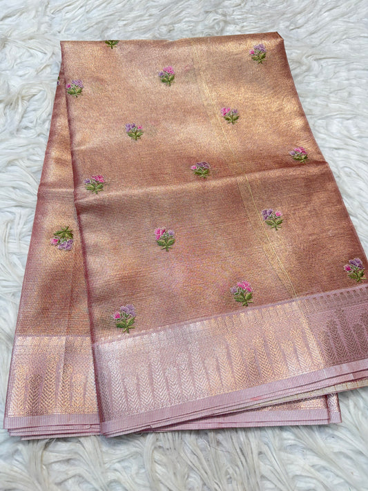 Peach shade tissue kota embroidery primum Banarasi saree
