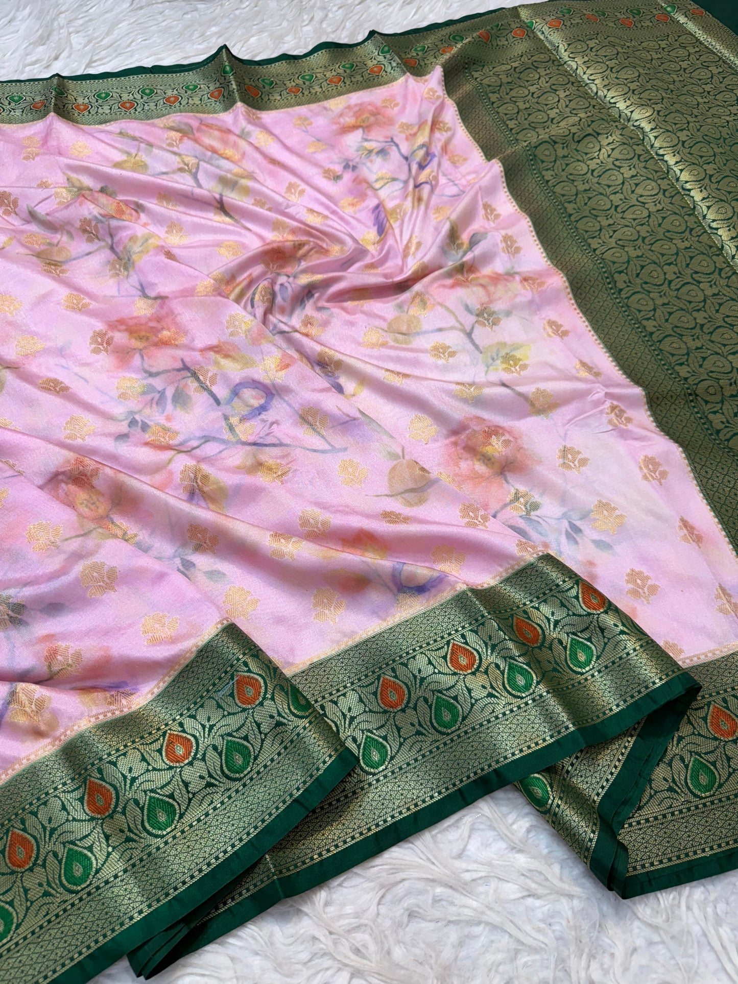 Pink & multicolour Dupion silk digital print Banarasi saree