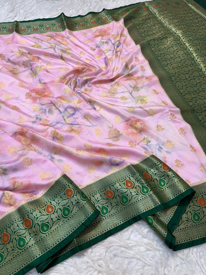 Pink & multicolour Dupion silk digital print Banarasi saree