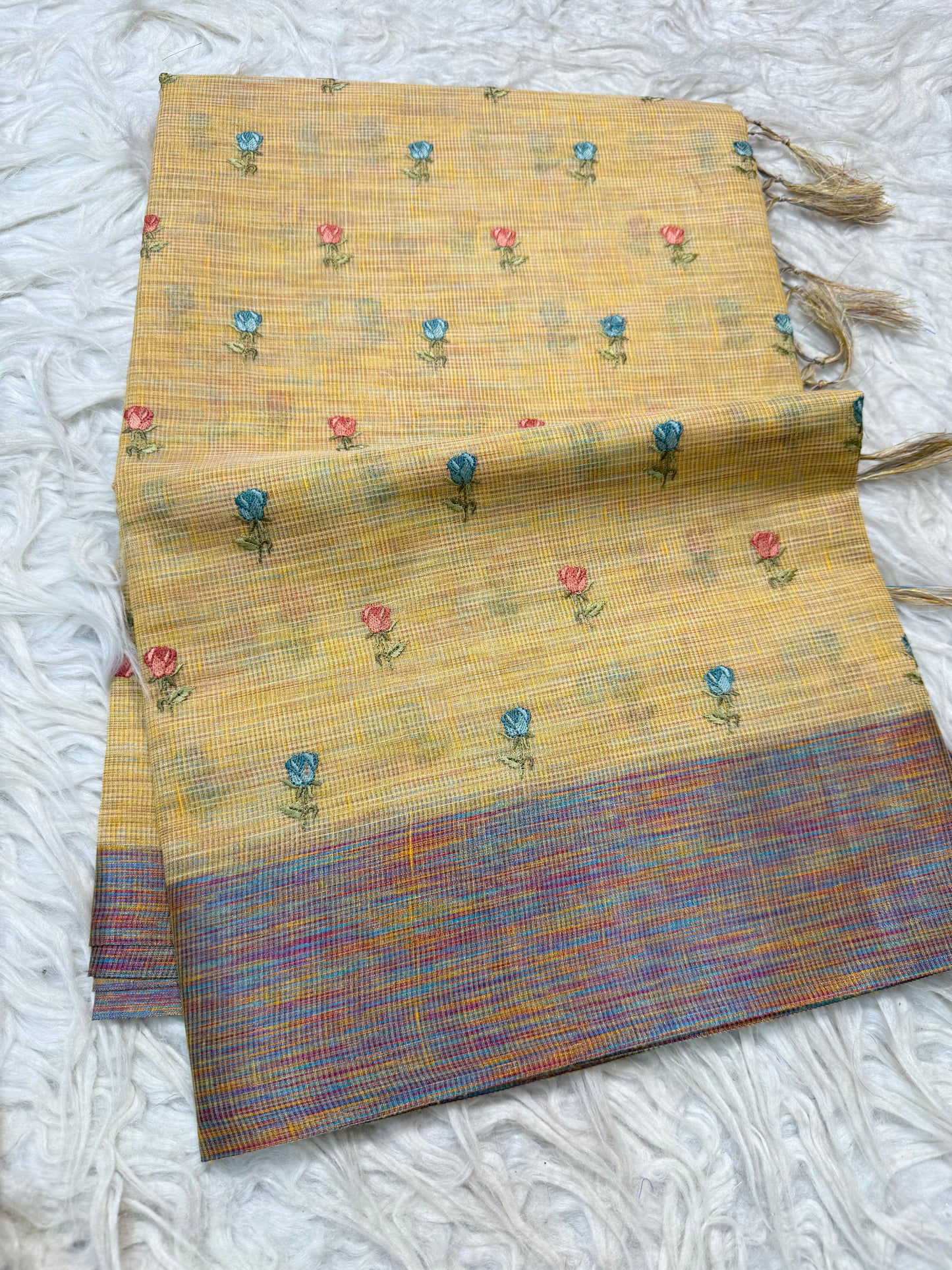 Mustard shade linen  embroidery Banarasi saree