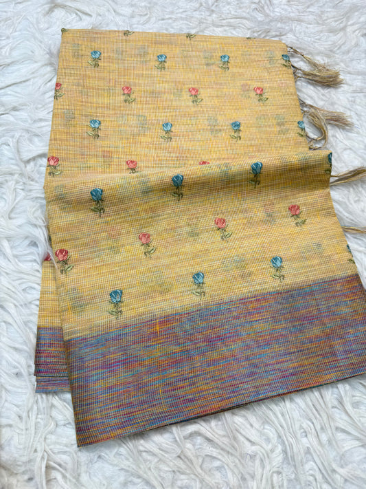 Mustard shade linen  embroidery Banarasi saree