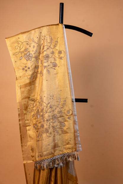 Gold silver tissue half half  tissue designer hand work Banarasi saree