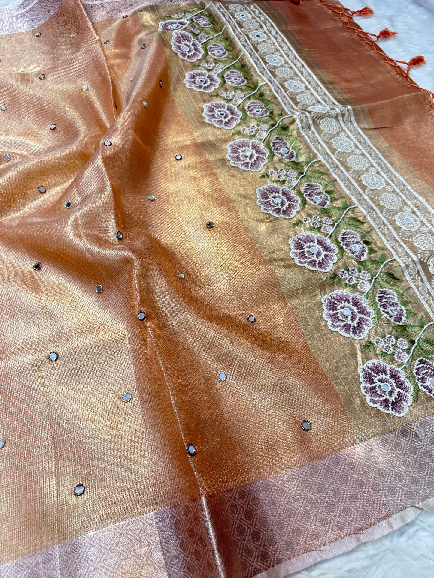 Peach shade kota tissue kota designer embroidery handwork premium Banarasi saree