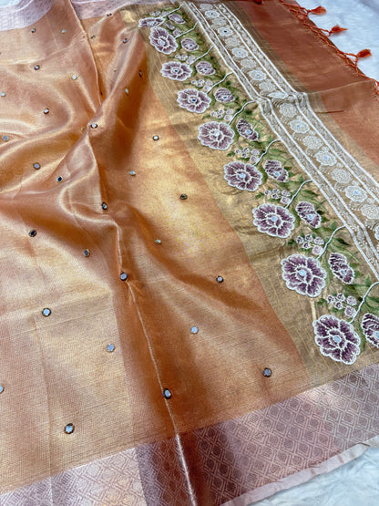 Peach shade kota tissue kota designer embroidery handwork premium Banarasi saree