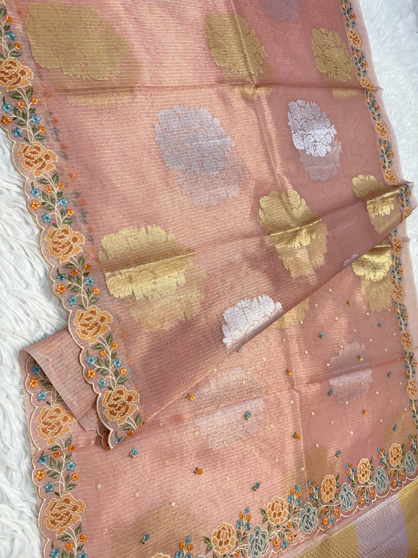 Pink shade tissue kota embroidery primum Banarasi saree