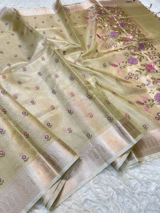 Pista green shade tissue kota embroidery primum Banarasi saree