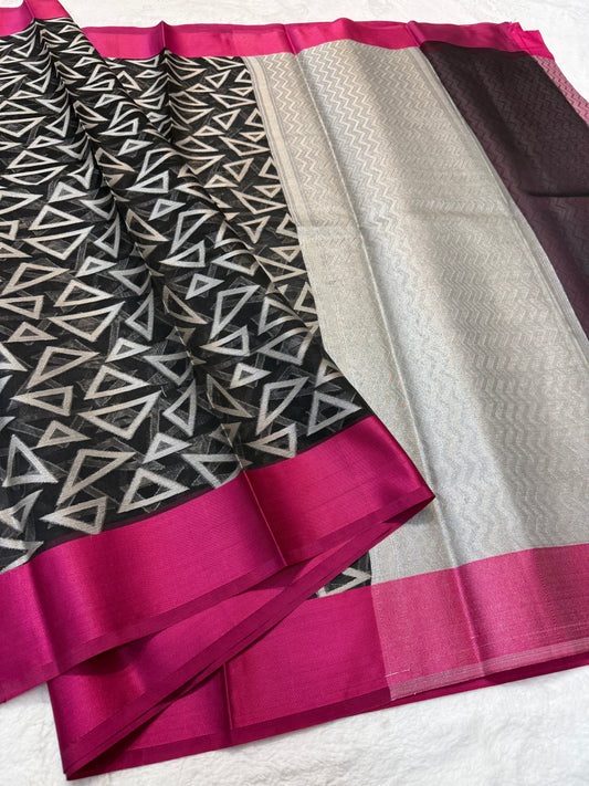 Black & royal pink shade kora organza Banarasi saree