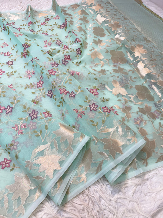 Turquoise shade kora organza embroidery saree