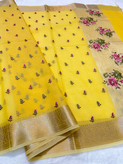 Yellow shade cotton kota embroidery Banarasi saree