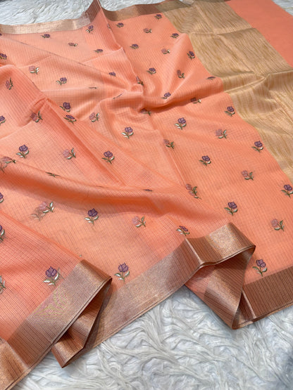 Peach shade cotton kota embroidery Banarasi saree