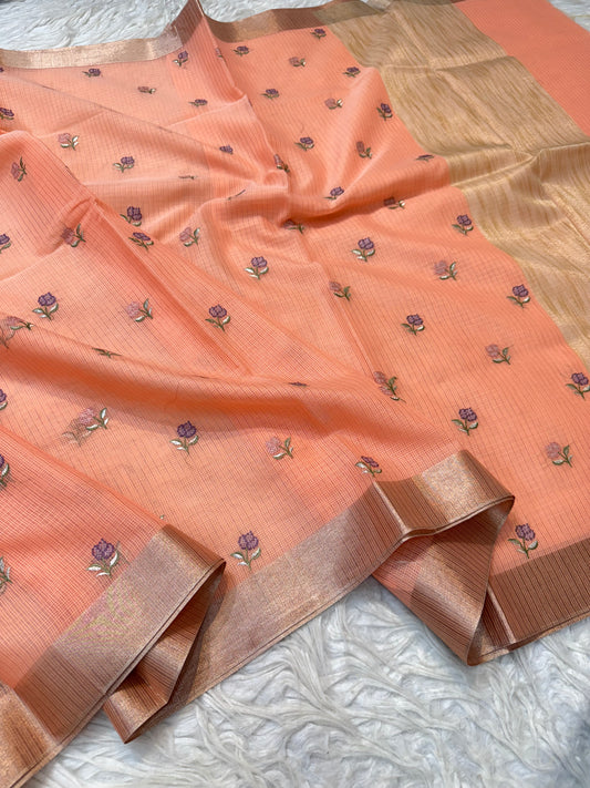 Peach shade cotton kota embroidery Banarasi saree