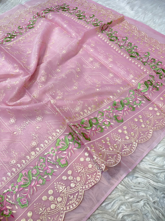 Pink shade  kora organza embroidery Banarasi saree