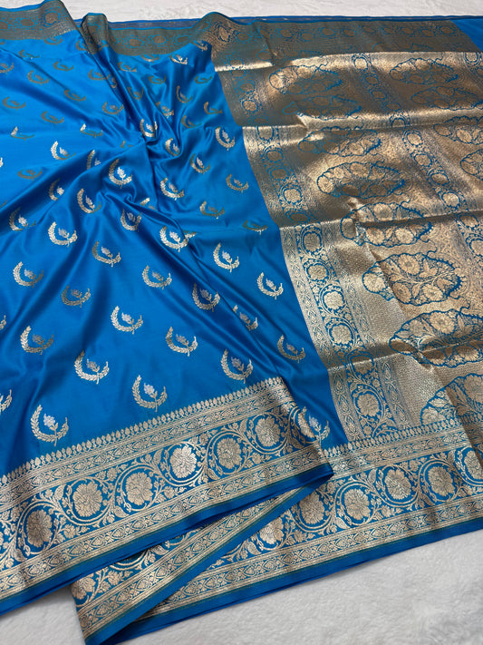 German blue shade satan katan premium Banarasi silk Saree
