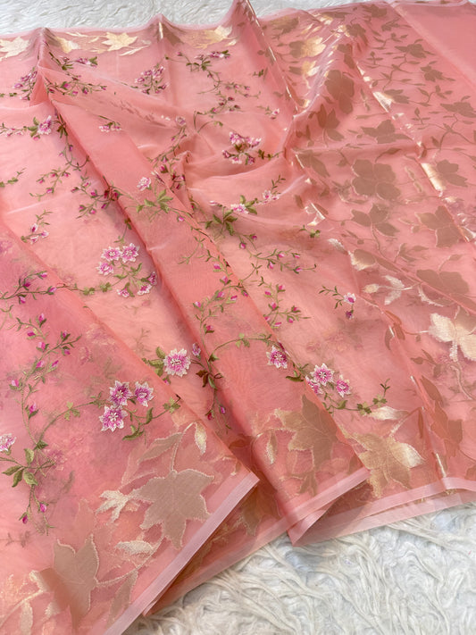 Peach shade kora organza embroidery Banarasi saree