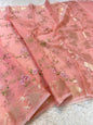 Peach shade kora organza embroidery Banarasi saree