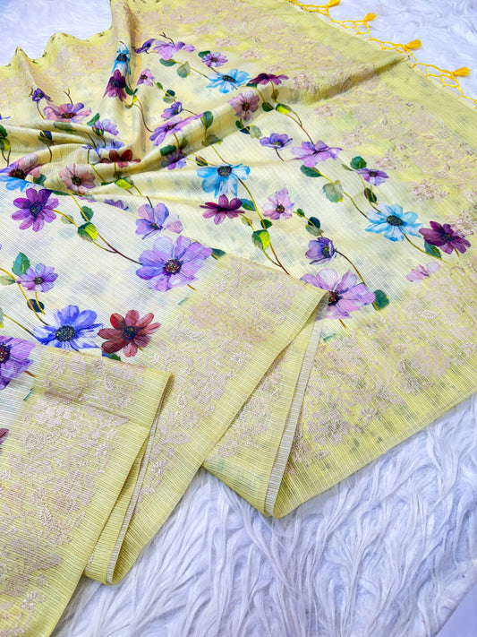 Yellow & multicolour kota digital print embroidery Banarasi saree