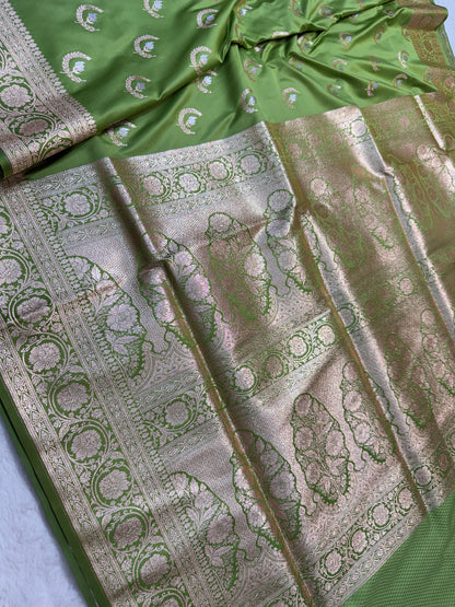 Mehandi shade satan katan premium Banarasi silk Saree
