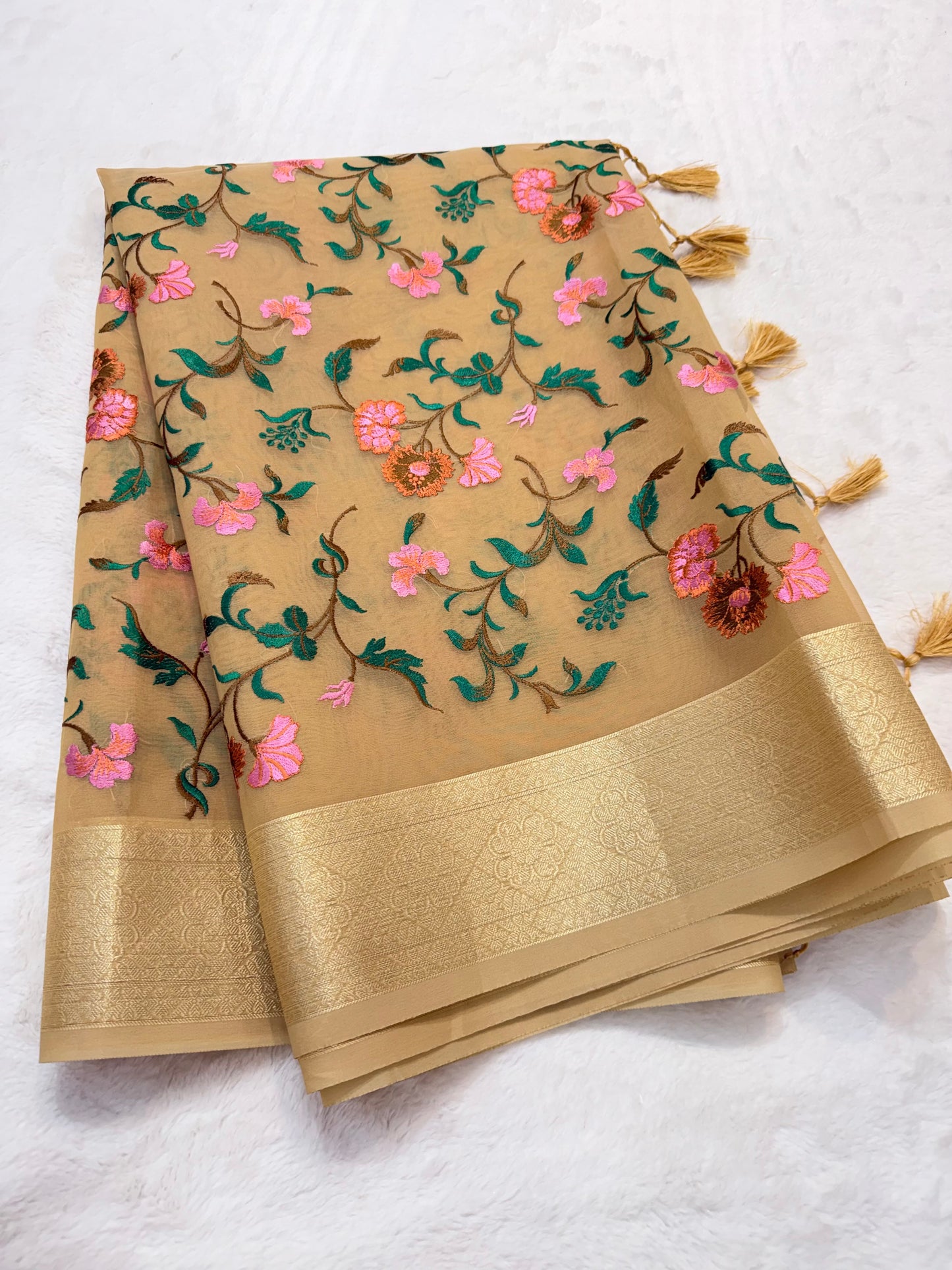 Beige shade organza designer premium embroidery Banarasi saree