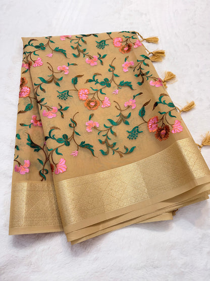 Beige shade organza designer premium embroidery Banarasi saree