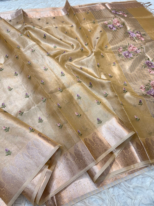 Gold shade tissue kota embroidery primum Banarasi saree