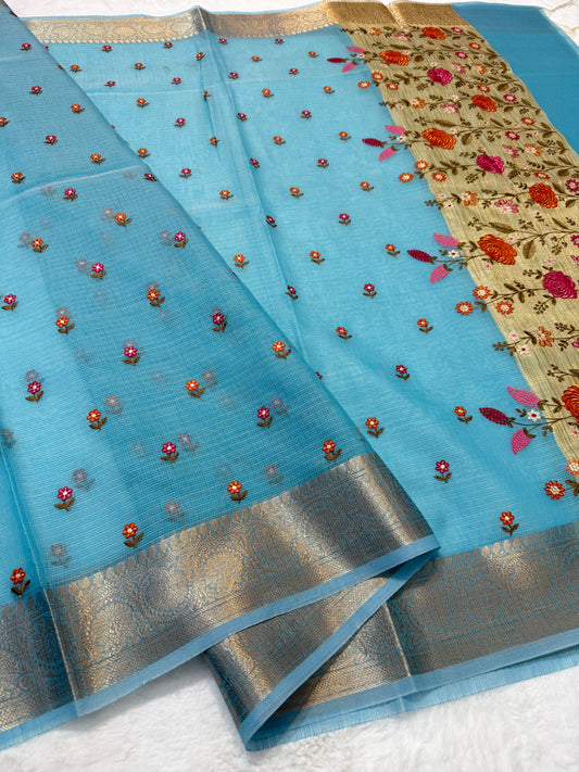 Sky blue shade cotton kota embroidery Banarasi saree