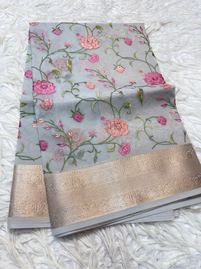 Grey shade organza embroidery Banarasi saree