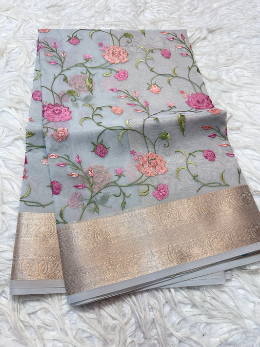 Grey shade organza embroidery Banarasi saree