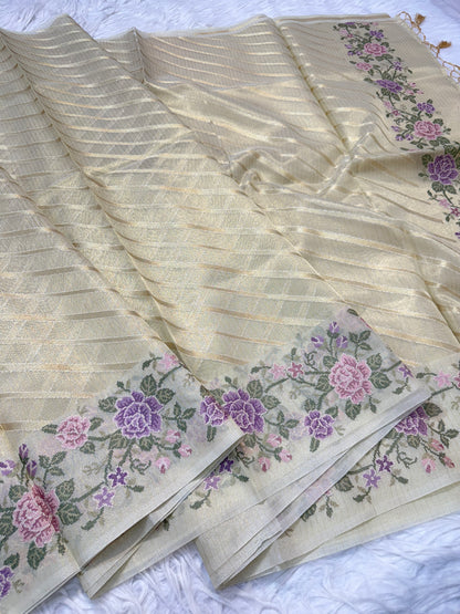 Beige shade tissue kota embroidery primum Banarasi saree