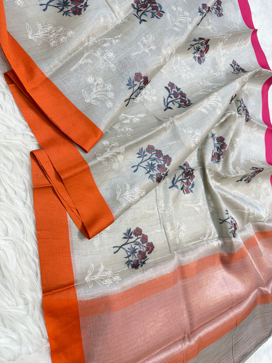 Silver shade linen  embroidery Banarasi saree