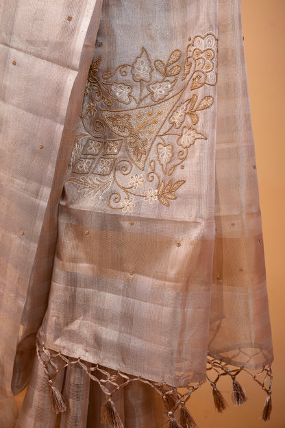 Beige shade tissue kota designer hand work Banarasi saree