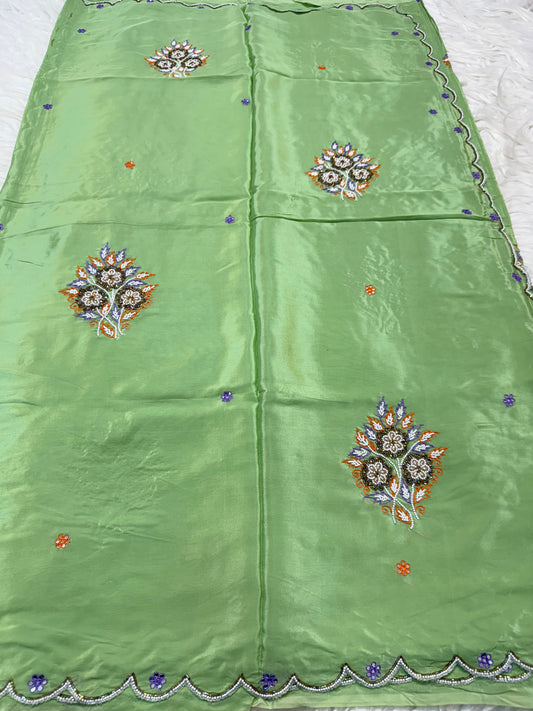 Soft silk zardosi work fancy party wear pista green colore saree