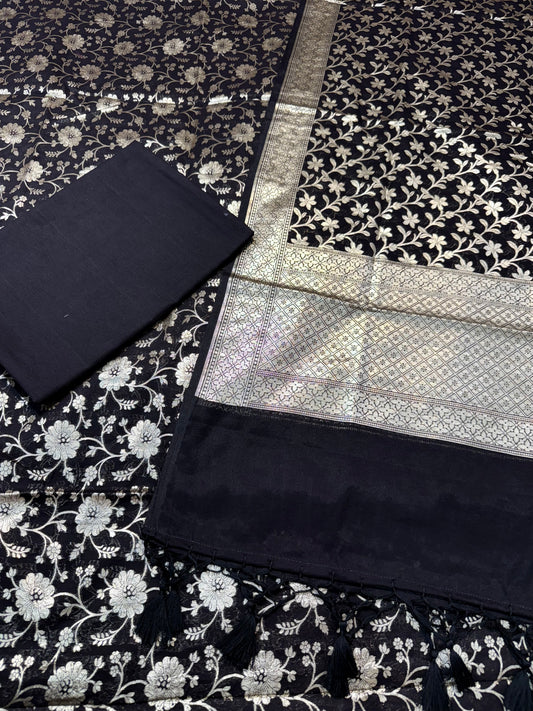 Black Cotton Silk Banarasi Three Piece suit