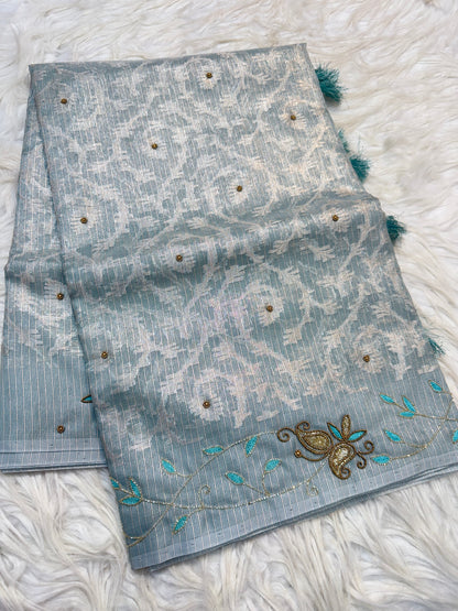 Sea green shade tissue kota zardosi work premium Banarasi saree