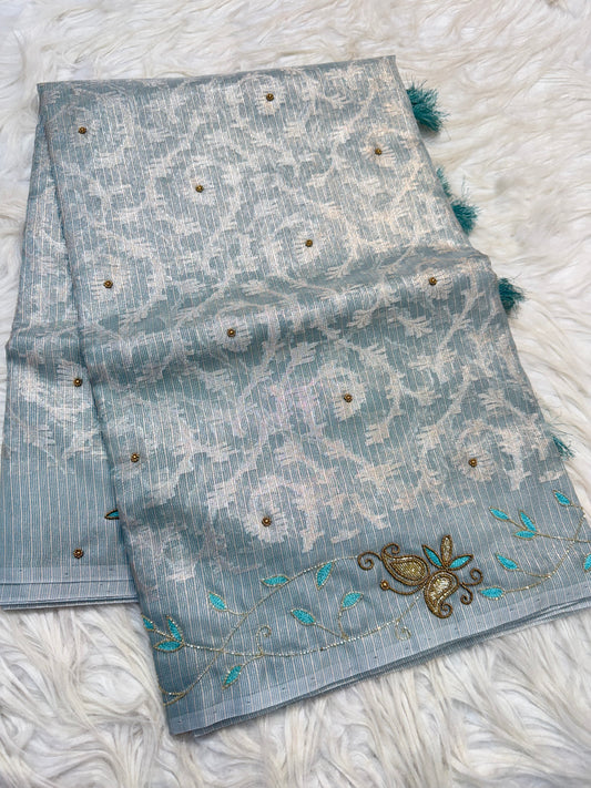 Sea green shade tissue kota zardosi work premium Banarasi saree
