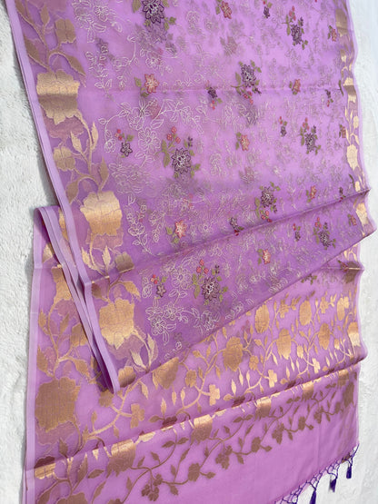 Lavender shade organza designer  embroidery premium Banarasi saree