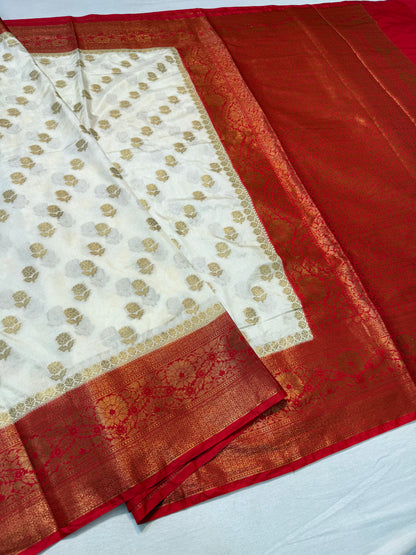 Off white red  shade Dupion Silk premium Banarasi Saree