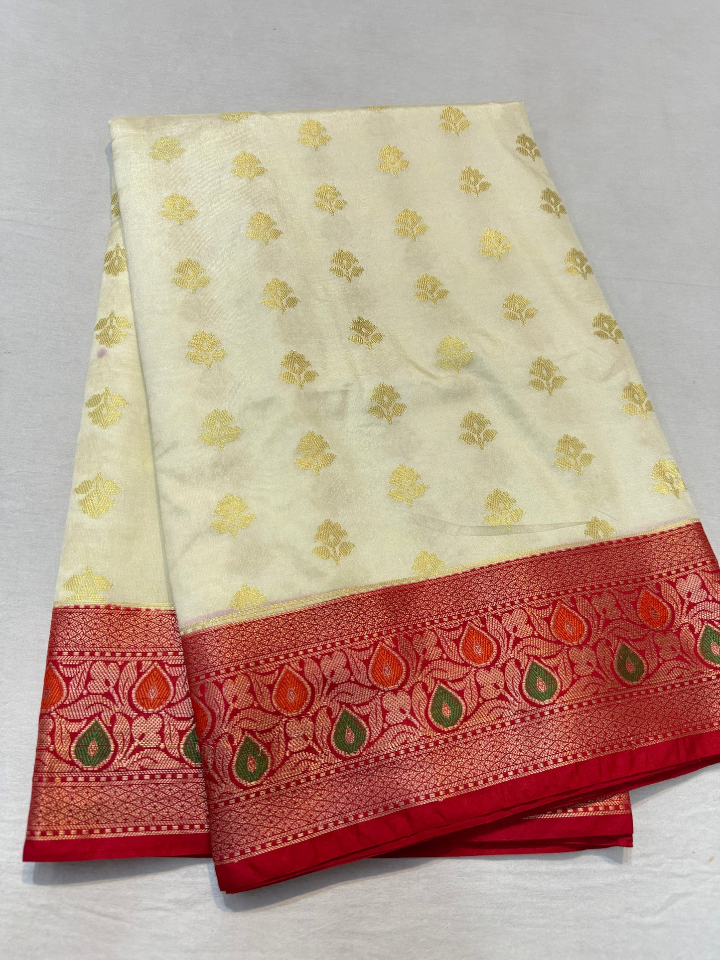 Off white red shade Dupion Silk premium Banarasi Saree