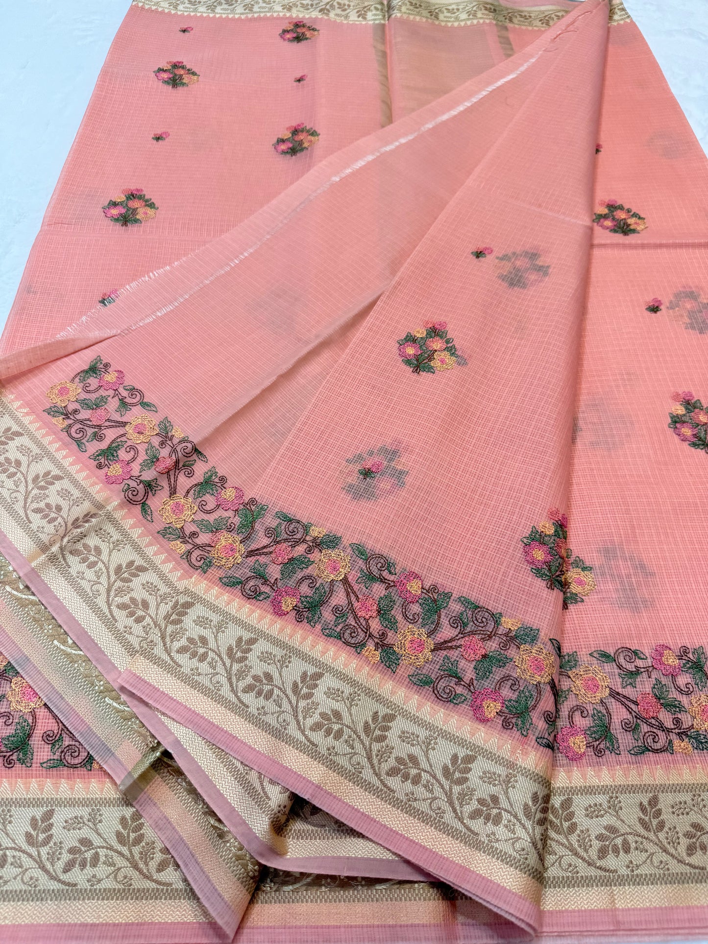 Peach shade kota designer embroidery Banarasi saree