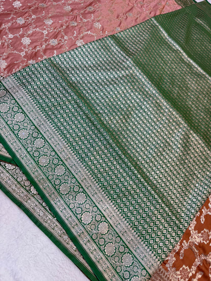 Peach & bottle green shade Bridal Satan katan ari & stone work Banarasi silk Saree