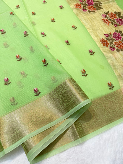 Pista green shade cotton kota embroidery Banarasi saree