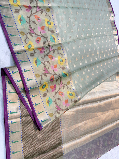 Pista green & multicolour shade tissue kota premium paithani border designer banarasi saree