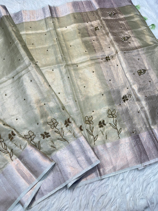 Pista green shade tissue kota designer handwork premium Banarasi saree