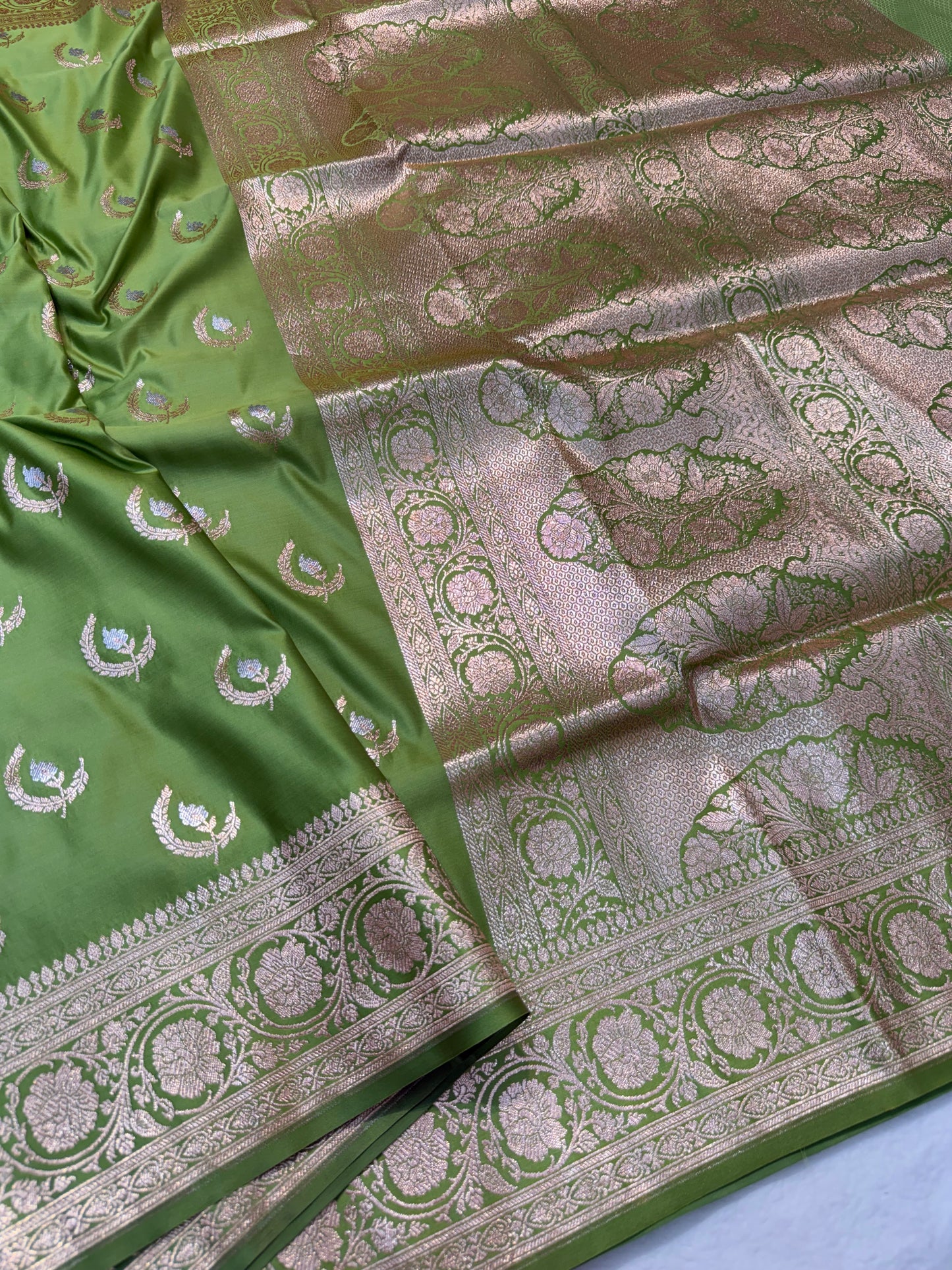 Mehandi shade satan katan premium Banarasi silk Saree