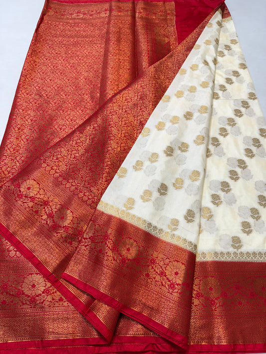 Off white red  shade Dupion Silk premium Banarasi Saree