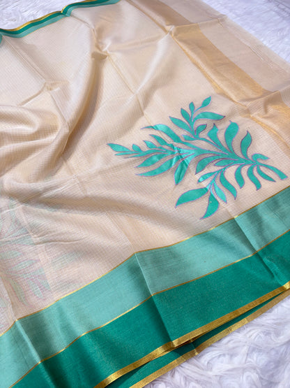Off White Sea green parrot green shade tissue kota appliqué work Banarasi saree