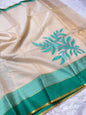 Off White Sea green parrot green shade tissue kota appliqué work Banarasi saree